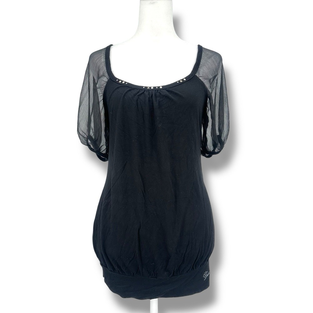 Guess LA Black Cutout Tunic Top M Mesh Sheer Sleeve Y2K Fairy Grunge Edgy Glam